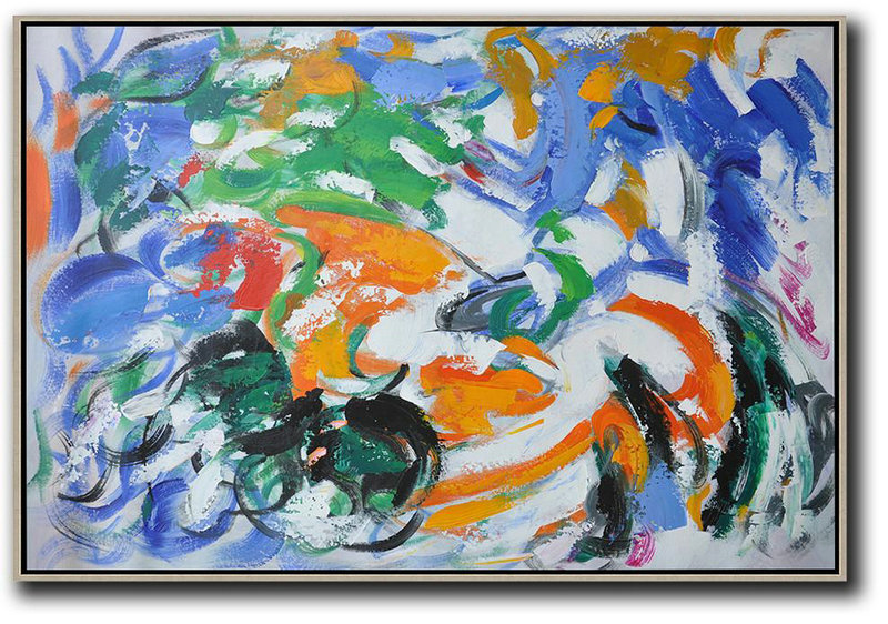 Extra Large Abstract Painting On Canvas,Oversized Horizontal Contemporary Art,Modern Canvas Art,Blue,White,Green,Orange.Etc
